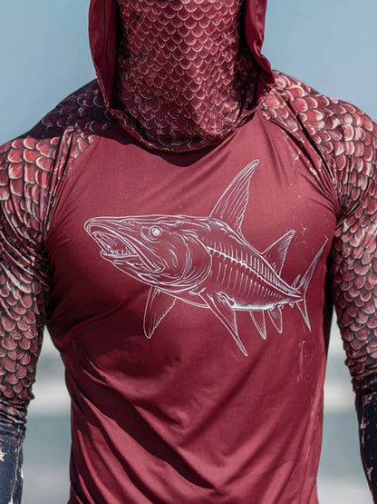 Men's Outdoor Sun Protection Breathable Cool Face Mask Hooded Printed Long-Sleeved Top
