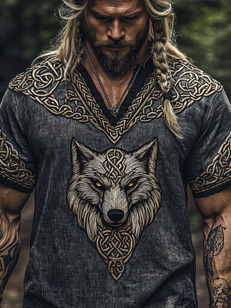 Men's Viking Tribal Celtic Knot Art Wolf Pattern Vintage Linen T-Shirt