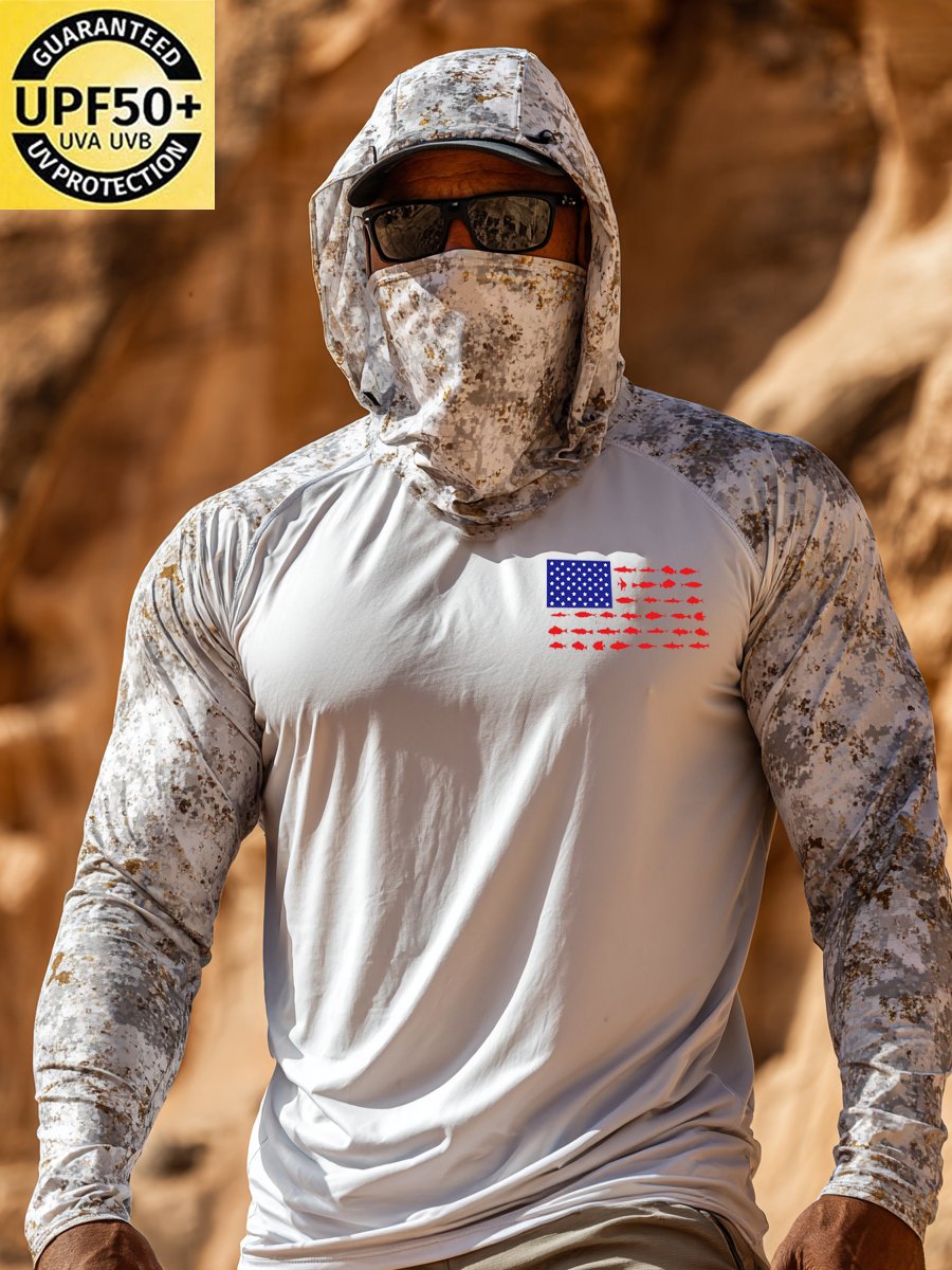 Men's Outdoor Sun Protection Breathable Cool Face Mask Hooded Printed Long-Sleeved Top