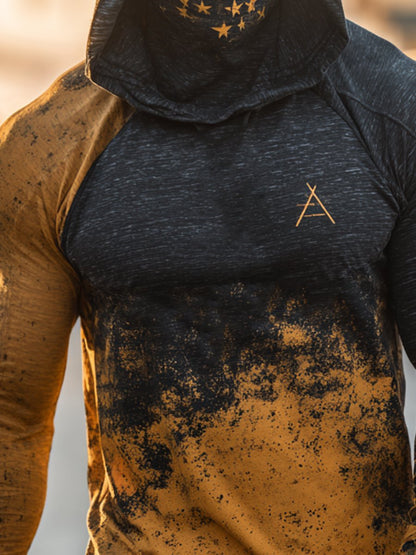 Men's Retro Logo Print Outdoor Sun Protection Breathable Cooling Mask Hooded Sun Protection Long Sleeve Top