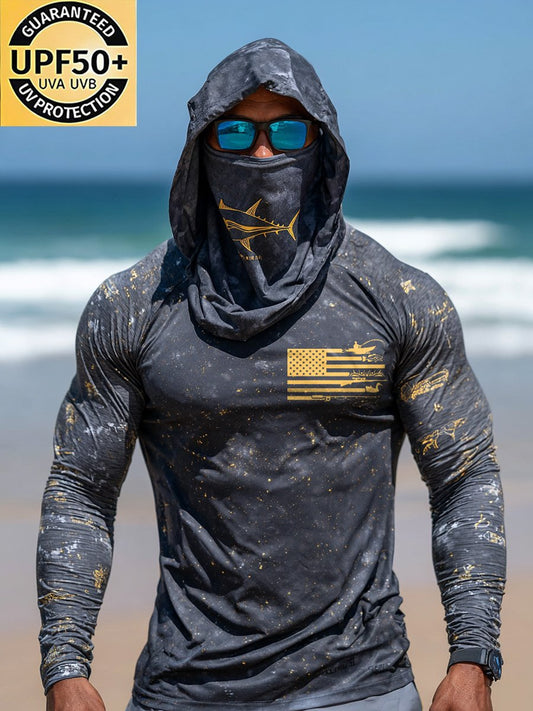 Men's Outdoor Sun Protection Breathable Cool Face Mask Hooded Printed Long-Sleeved Top