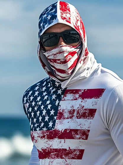 Men's Outdoor Sun Protection Breathable Cool Mask American Flag Print Hooded Sun Protection Long Sleeve Top