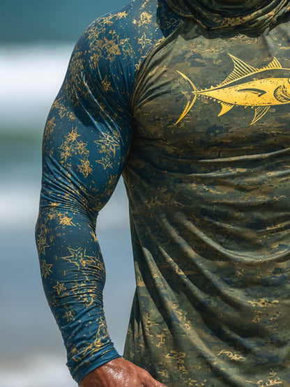 Men's Outdoor Sun Protection Breathable Cool Face Mask Hooded Printed Long-Sleeved Top