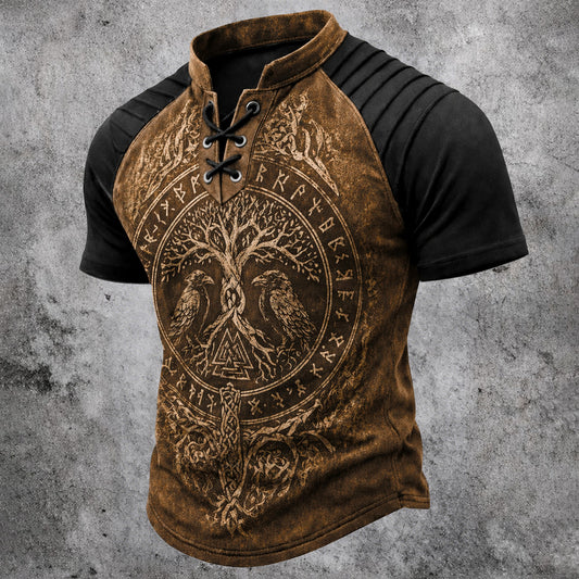 Men's Norse Viking Graphic Lace-Up Henley T-Shirt - Pleated Raglan Short Sleeve Top