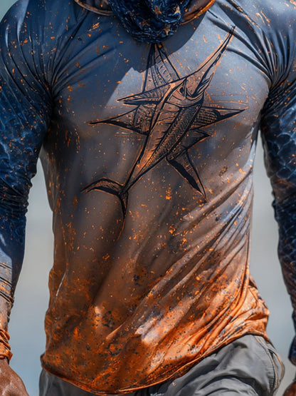 Men's Outdoor Sun Protection Breathable Cool Face Mask Hooded Printed Long-Sleeved Top