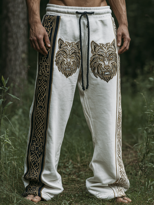 Men's Viking Nordic Rune Golden Fenrir Wolf Totem Sports Pants
