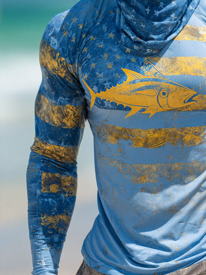 Men's Outdoor Sun Protection Breathable Cool Face Mask Hooded Printed Long-Sleeved Top