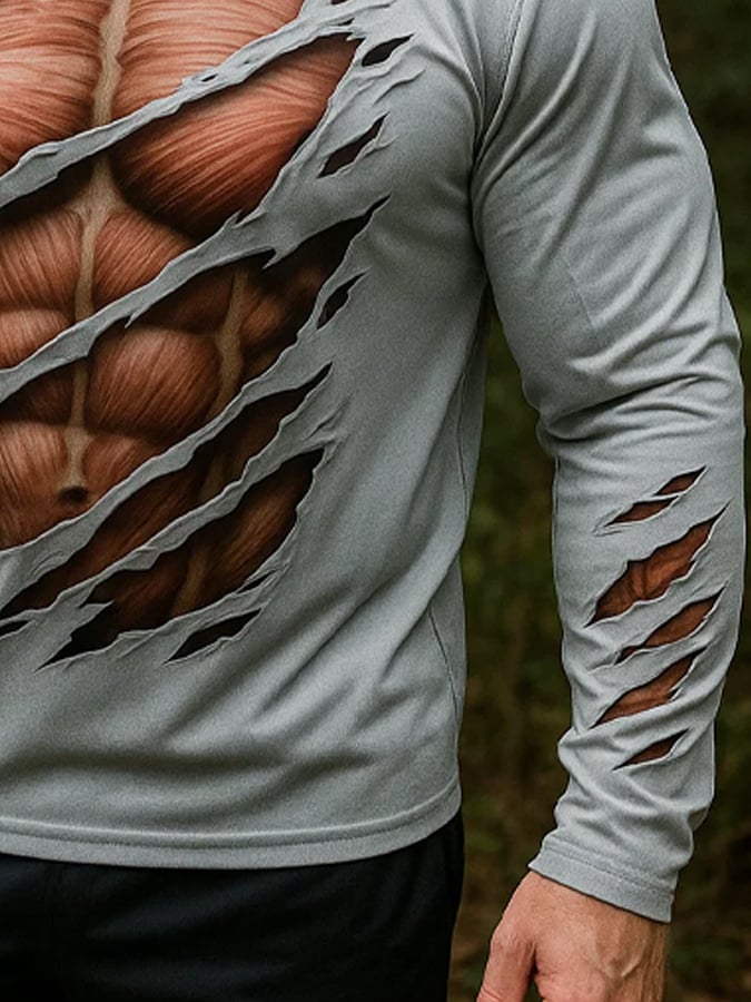 Men's Outdoor Sun Protection Breathable Cool Real 3D Printed Mask Hooded Sun Protection Long-Sleeved Top