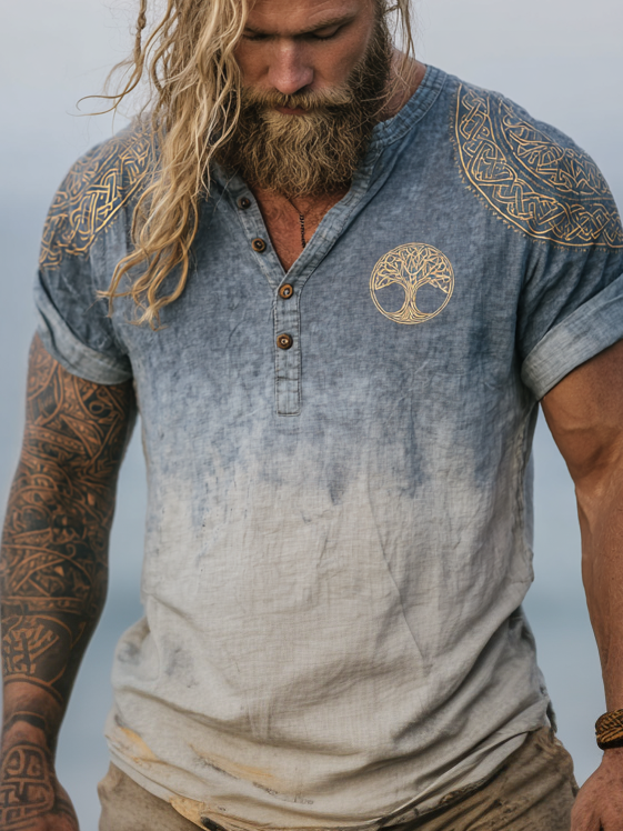 Men's Viking-Inspired Tree Of Life Short Sleeve Gradient Linen Henley Shirt
