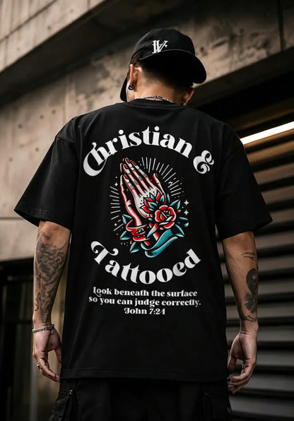 Christian And Tattooed Praying Hands Rose Bible Verse Printed Men's T-shirt