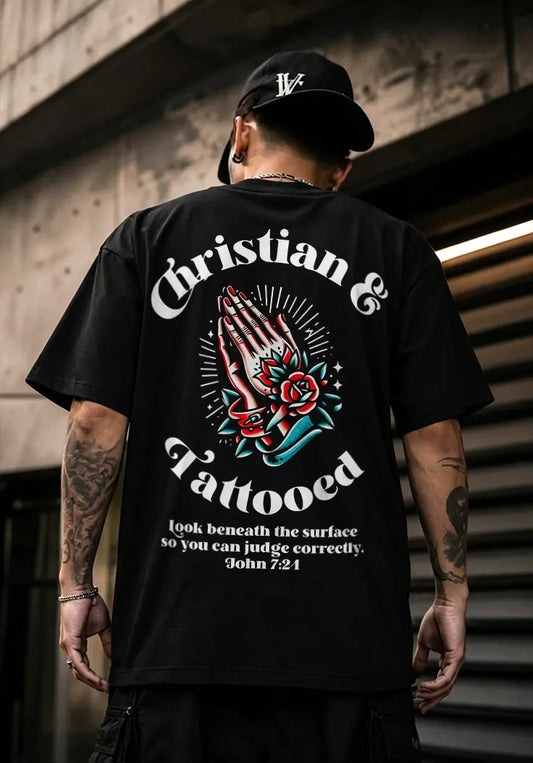 Christian And Tattooed Praying Hands Rose Bible Verse Printed Men's T-shirt