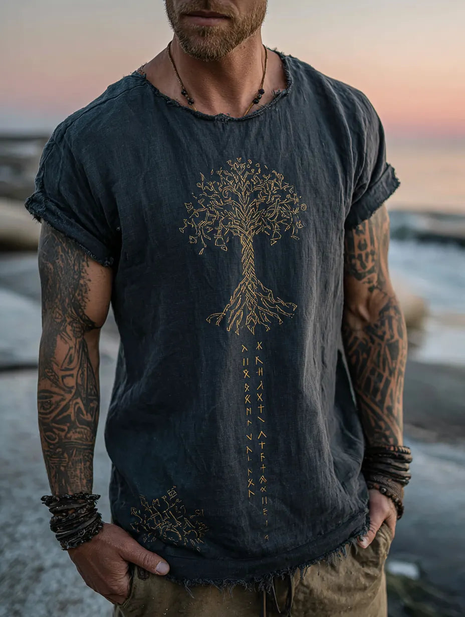 Men's Viking Mythology Tree Of Life Retro Coastal T-Shirt