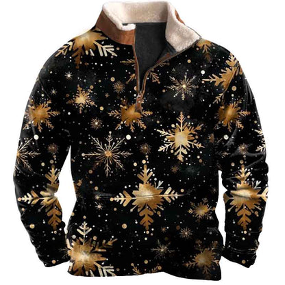 Men's Vintage Christmas Snowflake Print Fleece Collar Quarter Zip Stand Collar Sweatshirt
