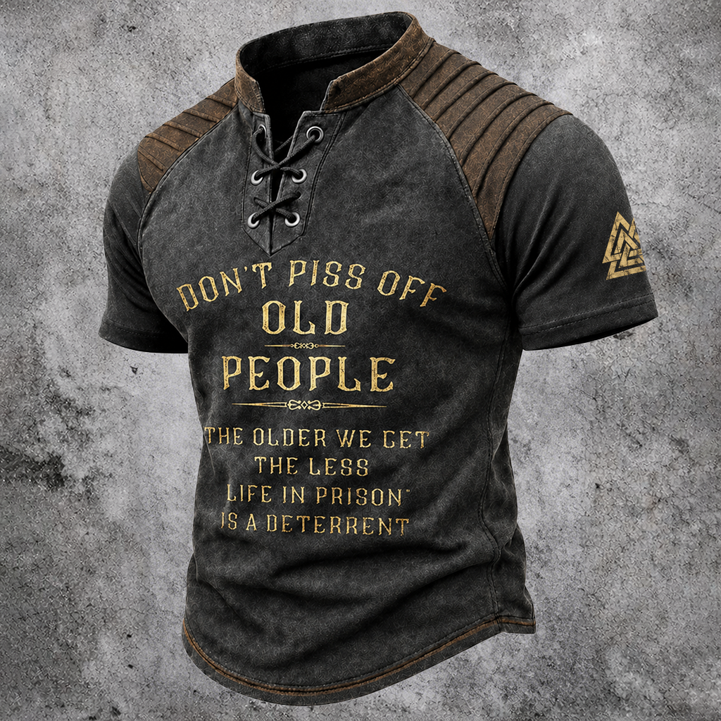 Men's Distressed Graphic Print Lace-Up Henley T-Shirt - Vintage Pleated Shoulder Short Sleeve Top