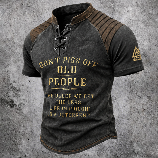 Men's Distressed Graphic Print Lace-Up Henley T-Shirt - Vintage Pleated Shoulder Short Sleeve Top