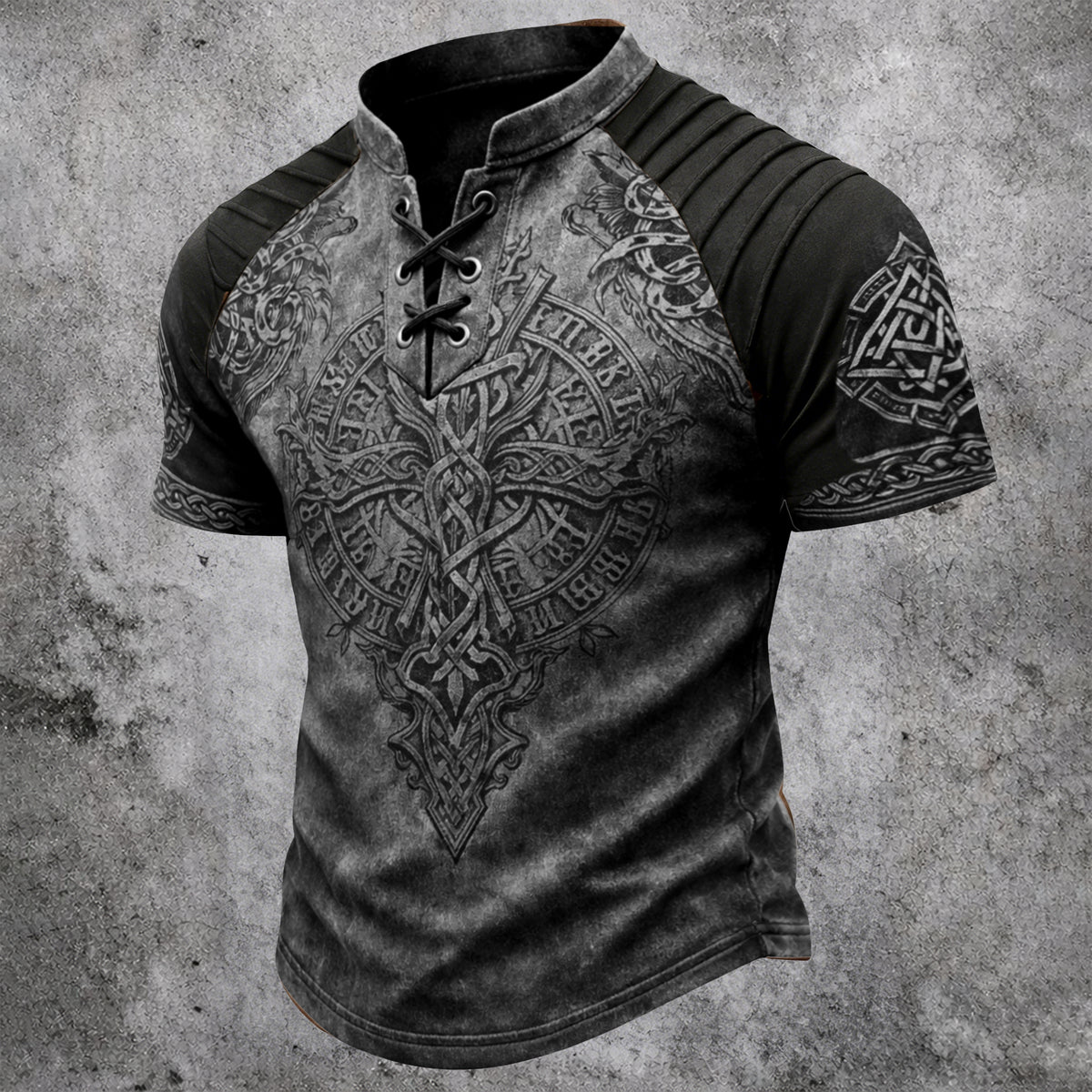 Men's Vintage Viking Celtic Knot Print T-Shirt - Lace-Up Stand Collar Distressed Short Sleeve Top