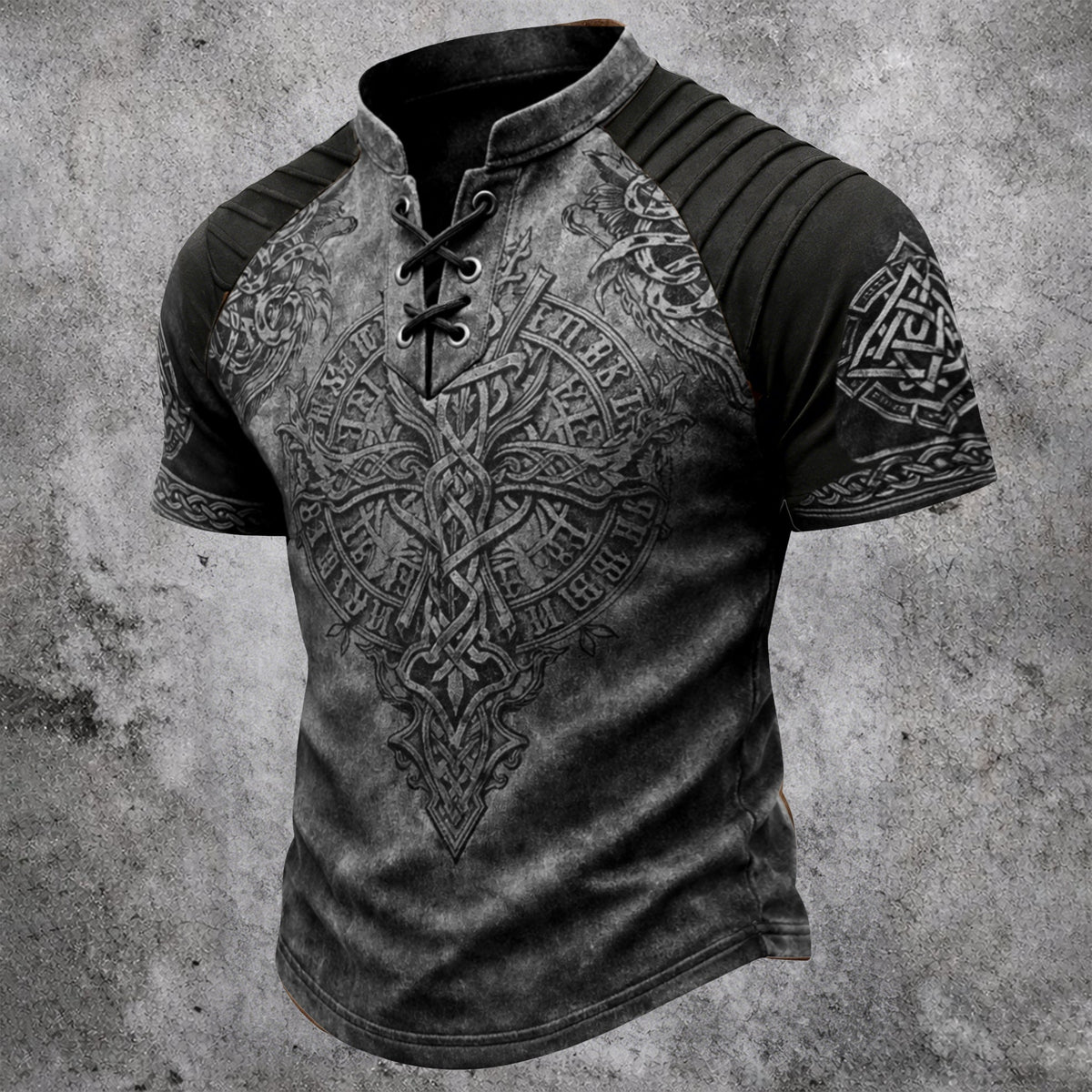 Men's Vintage Viking Celtic Knot Print T-Shirt - Lace-Up Stand Collar Distressed Short Sleeve Top