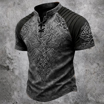 Men's Vintage Viking Celtic Knot Print T-Shirt - Lace-Up Stand Collar Distressed Short Sleeve Top