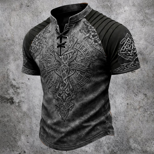 Men's Vintage Viking Celtic Knot Print T-Shirt - Lace-Up Stand Collar Distressed Short Sleeve Top