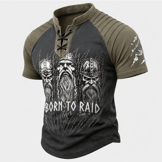 Men's Viking Graphic Lace-Up Henley T-Shirt - Two-Tone Raglan Short Sleeve with Ribbed Shoulders