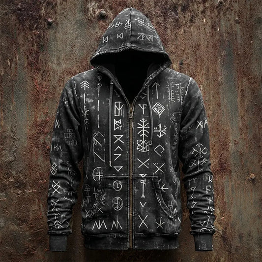Unisex Full-Zip Hoodie - Distressed Black & White Symbolic Rune Graphic Print Edgy Streetwear