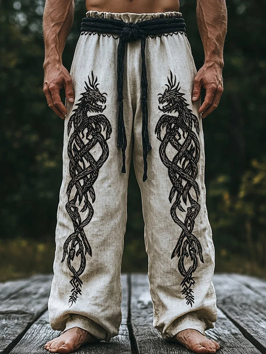 Men's Vintage Viking Tribal Dragon Celtic Art Linen Pants