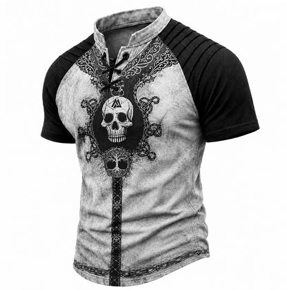 Men's Nordic Skull Print Lace-Up Henley T-Shirt - Distressed Beige Raglan Short Sleeve Top