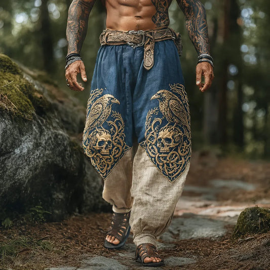 Men's Tribal Raven Skull Print Harem Pants - Loose Fit Two-Tone Baggy Trousers