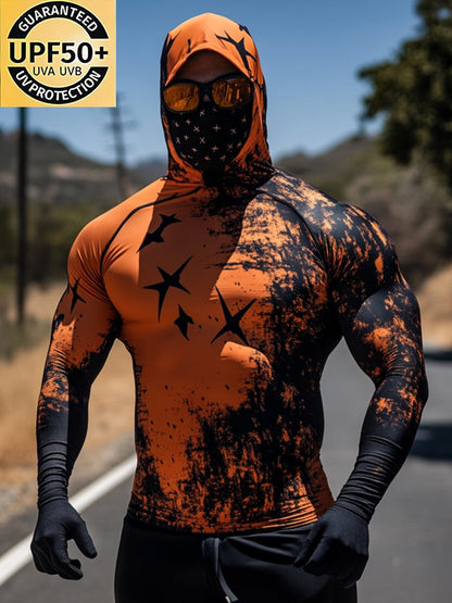 Men's Outdoor Sun Protection Breathable Cool Mask American Flag Print Hooded Sun Protection Long Sleeve Top