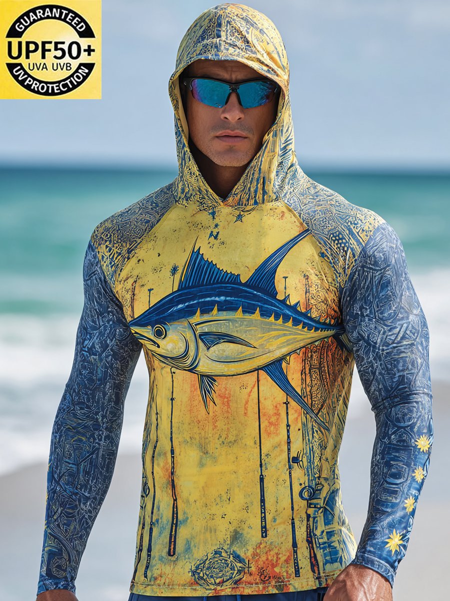 Men's Outdoor Sun Protection Breathable Cool Face Mask Hooded Printed Long-Sleeved Top