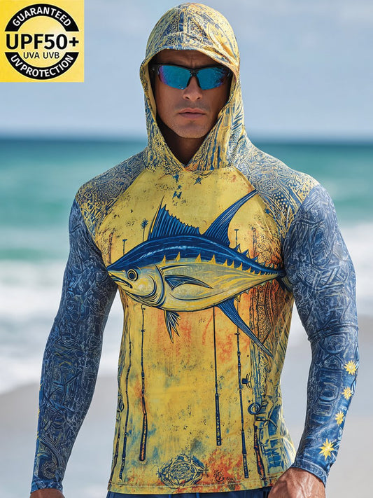 Men's Outdoor Sun Protection Breathable Cool Face Mask Hooded Printed Long-Sleeved Top