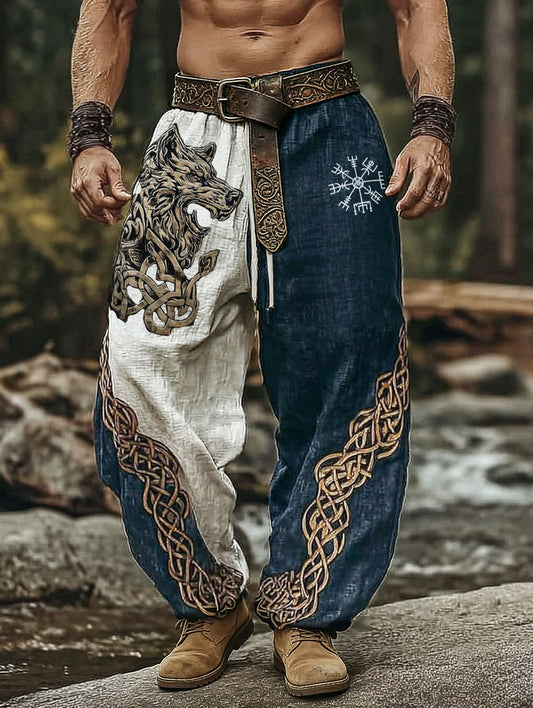 Vintage Forest Wolf & Celtic Knot Patchwork Printed Casual Cotton-Linen Pants