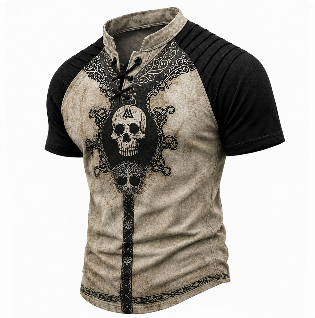 Men's Nordic Skull Print Lace-Up Henley T-Shirt - Distressed Beige Raglan Short Sleeve Top