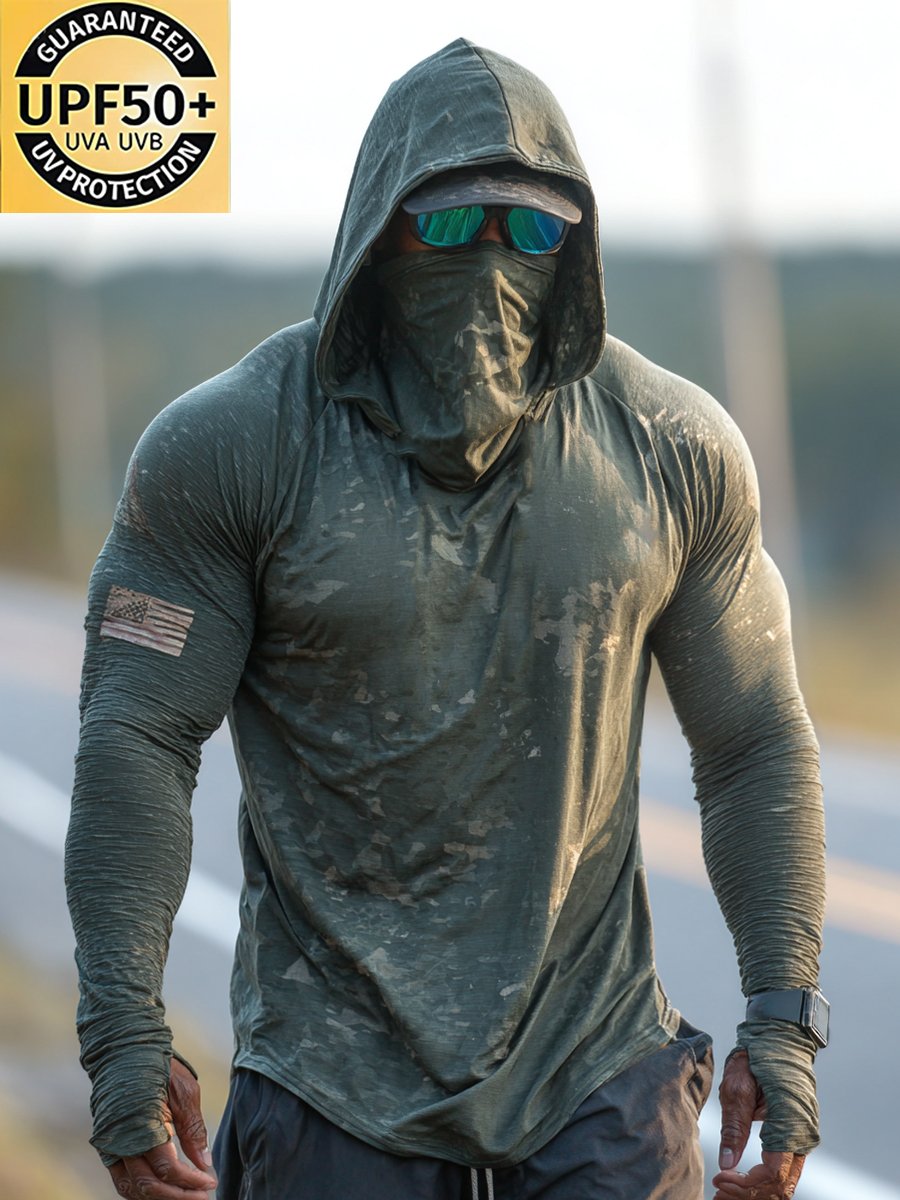 Men's Retro Army Green Flag Print Outdoor Sun Protection Breathable Cooling Mask Hooded Sun Protection Long Sleeve Top