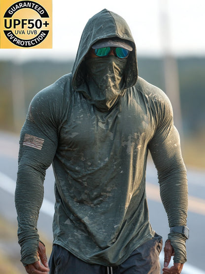 Men's Retro Army Green Flag Print Outdoor Sun Protection Breathable Cooling Mask Hooded Sun Protection Long Sleeve Top
