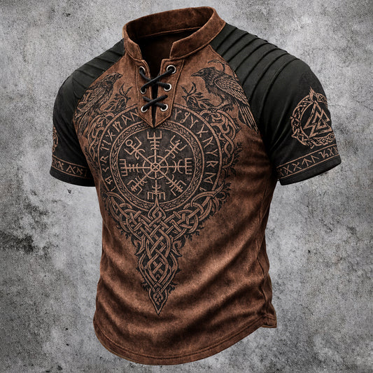 Men's Viking Graphic Lace-Up Henley Short Sleeve Shirt