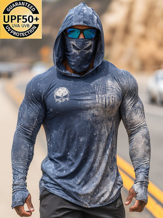 Men's Retro Flag Outdoor Sun Protection Breathable Cooling Mask Hooded Sun Protection Long Sleeve Top