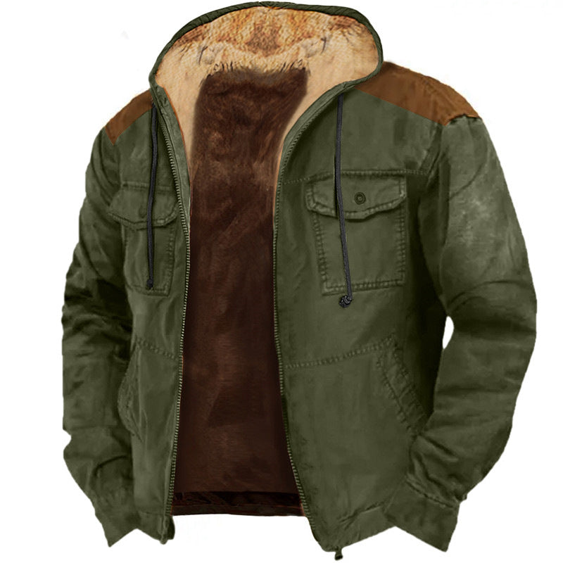Men's Fleece Warm Coat Retro Solid Color Lapel Coat Casual Jacket
