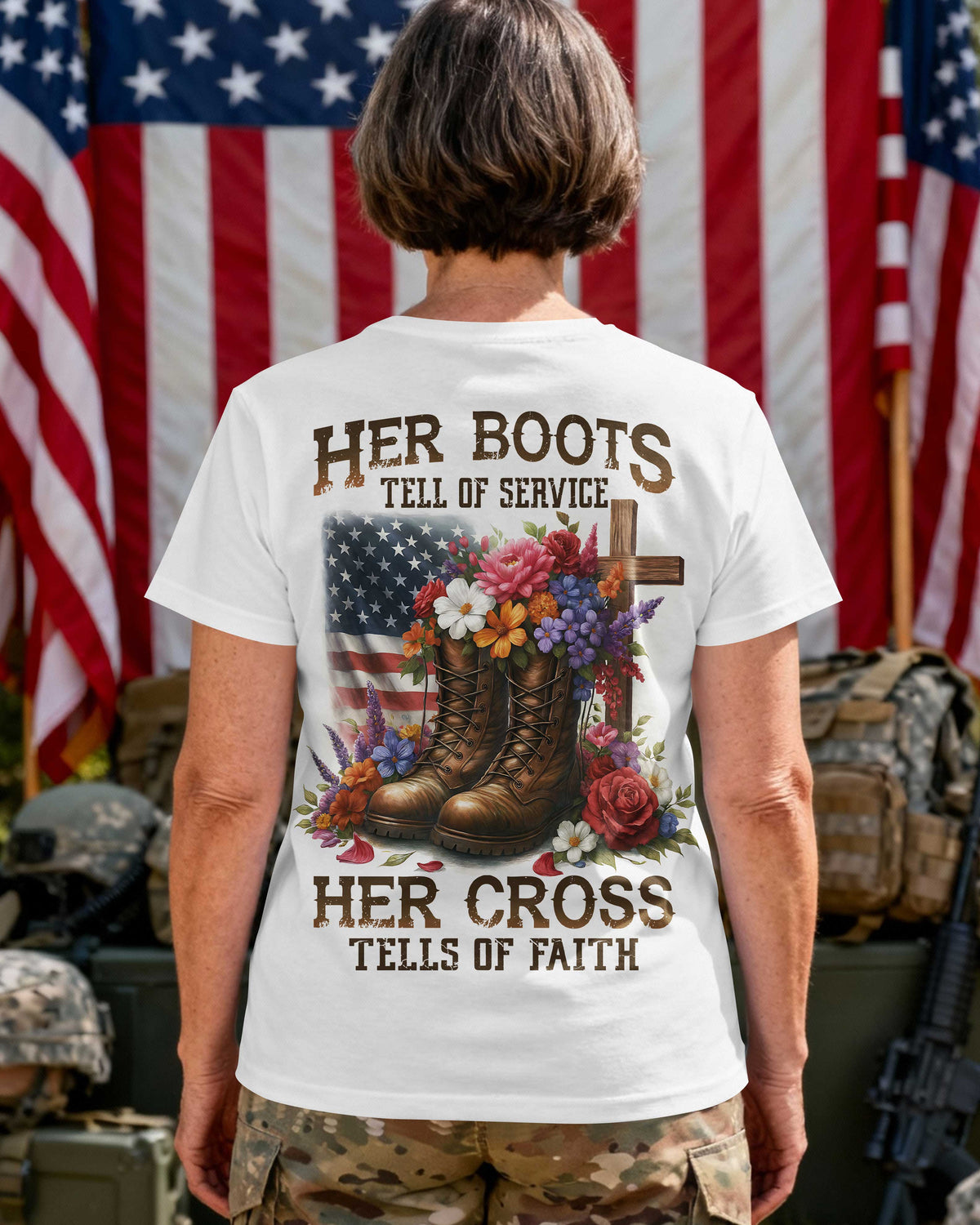 Her Boots Tell of Service Her Cross Tells of Faith T-Shirt