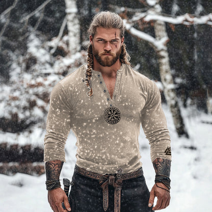Men's Tribal Viking Runes Graphics Henley Collar Long Sleeves Basic T-shirt