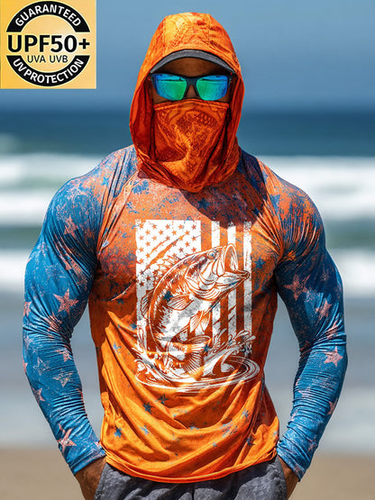 Men's Outdoor Sun Protection Breathable Cool Face Mask Hooded Printed Long-Sleeved Top