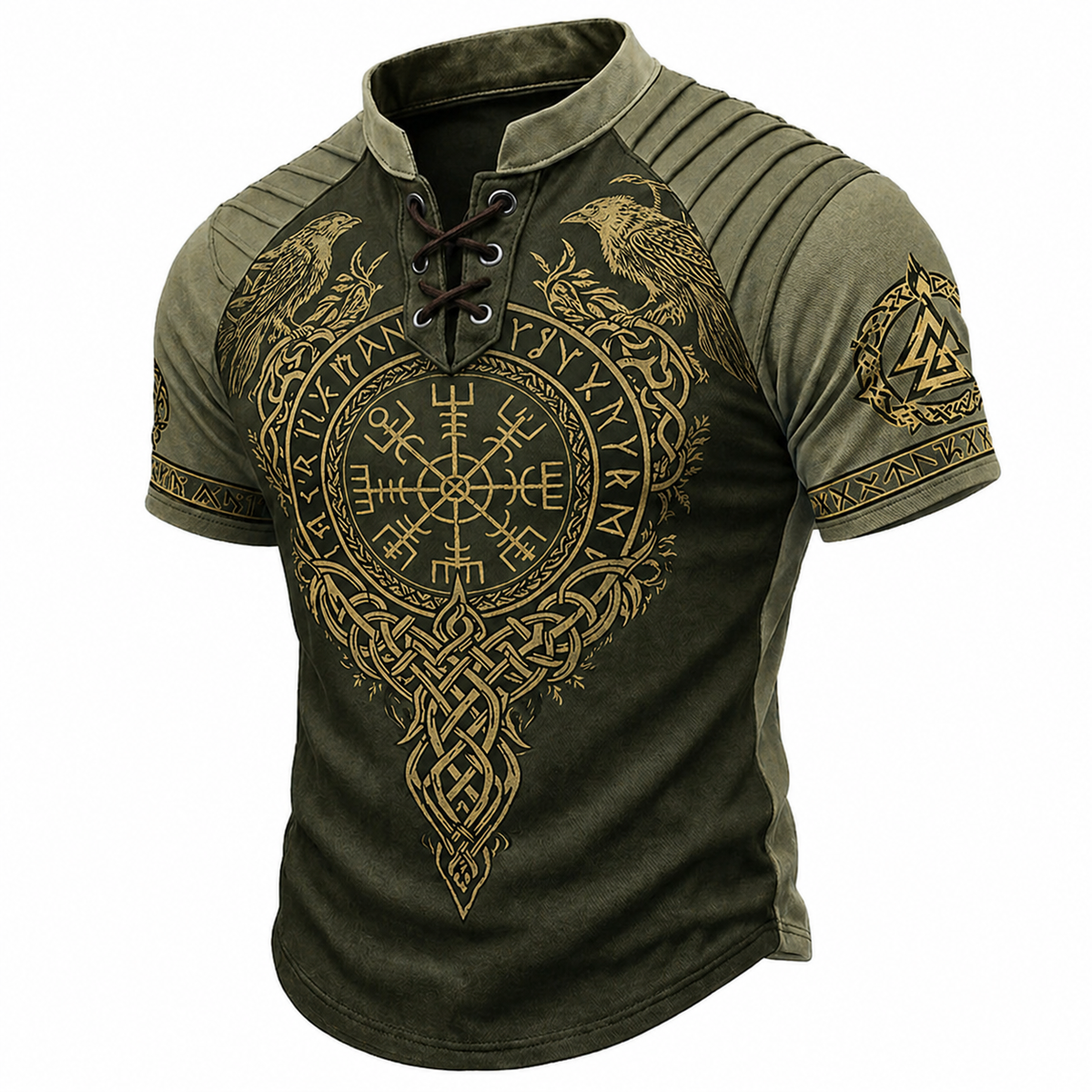 Men's Viking Graphic Lace-Up Henley Short Sleeve Shirt