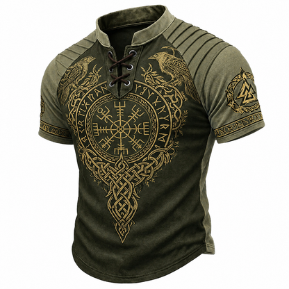 Men's Viking Graphic Lace-Up Henley Short Sleeve Shirt