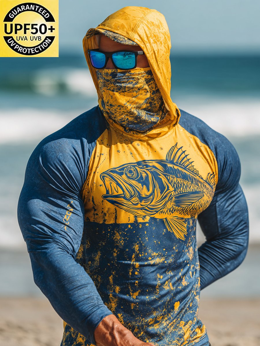 Men's Outdoor Sun Protection Breathable Cool Face Mask Hooded Printed Long-Sleeved Top