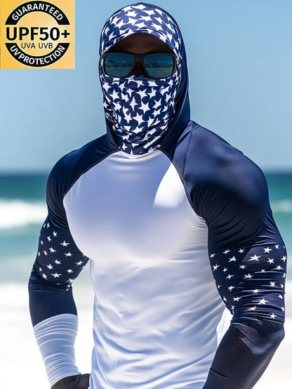Men's Outdoor Sun Protection Breathable Cool Mask American Flag Print Hooded Sun Protection Long Sleeve Top