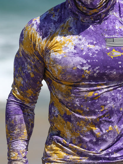Men's Outdoor Sun Protection Breathable Cool Face Mask Hooded Printed Long-Sleeved Top
