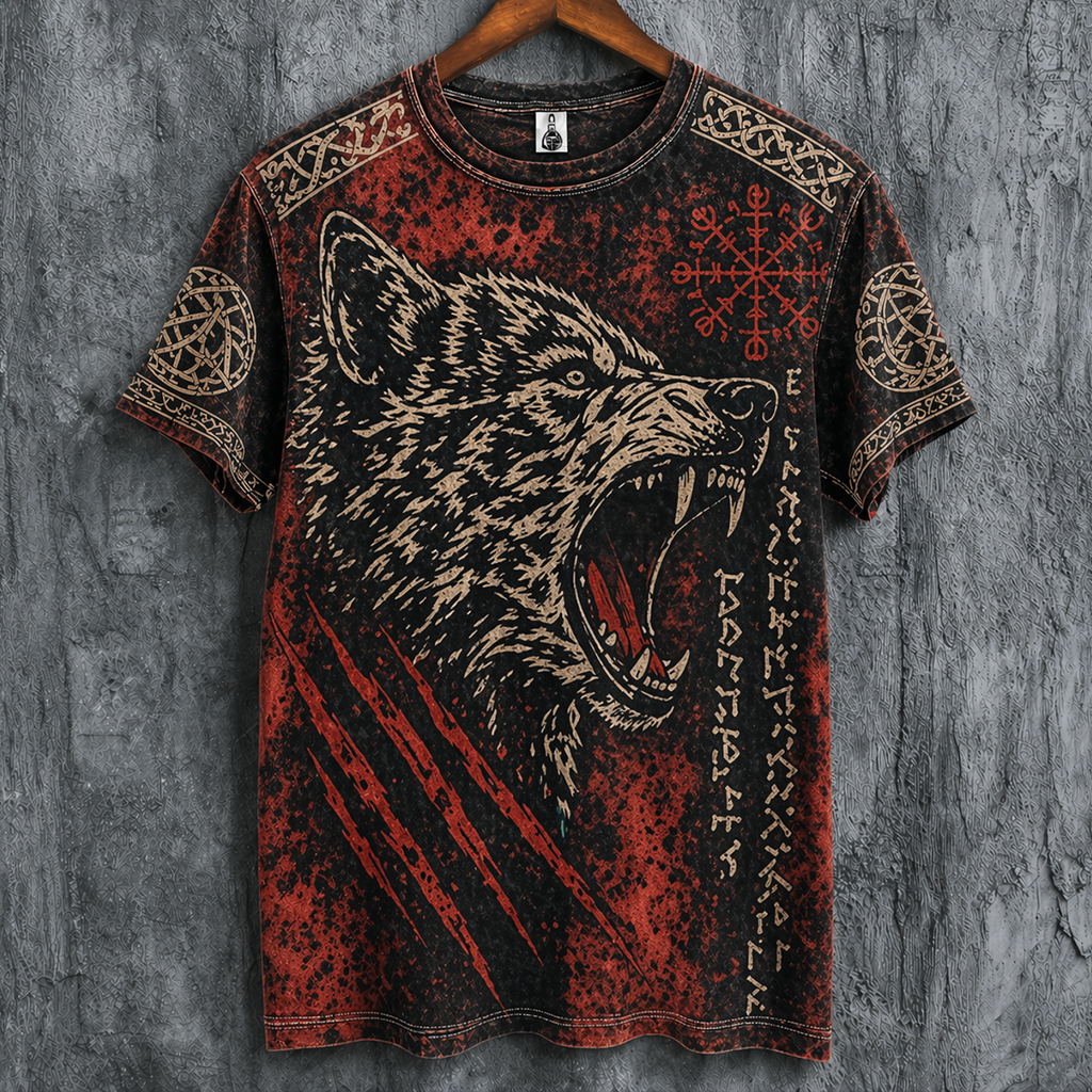 Men's Distressed Snarling Wolf T-Shirt - Viking Nordic Runes Short Sleeve Graphic Tee