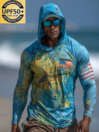 Men's Outdoor Sun Protection Breathable Cool Face Mask Hooded Printed Long-Sleeved Top
