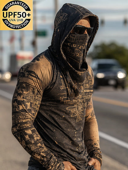 Men's Retro Print Outdoor Sun Protection Breathable Cool Mask Hooded Sun Protection Long Sleeve Top