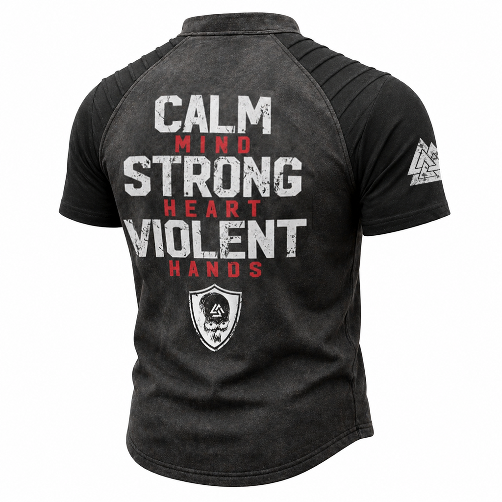Men's Distressed Washed Gray Graphic Short Sleeve Lace-Up Henley T-Shirt with Pleated Shoulders